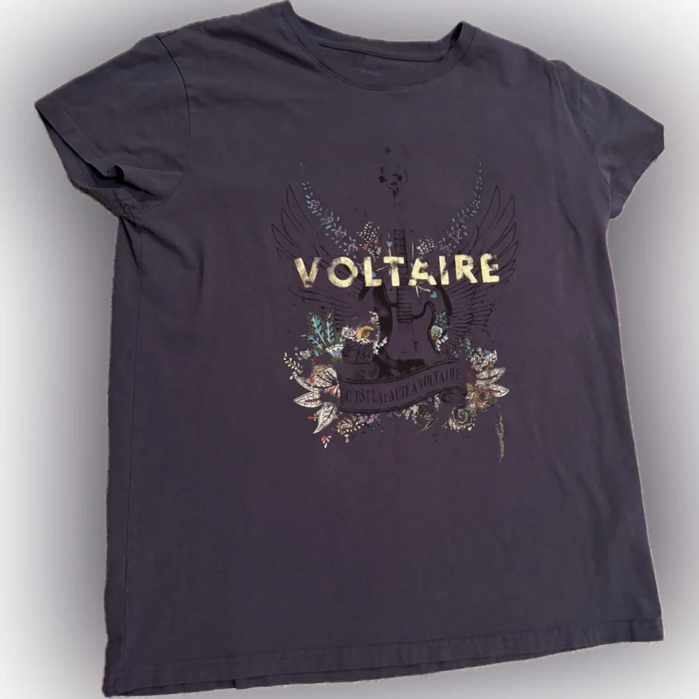 Zadig & Voltaire Charcoal Tee with Gold Logo and Floral Guitar Graphic - Picture 3 of 5